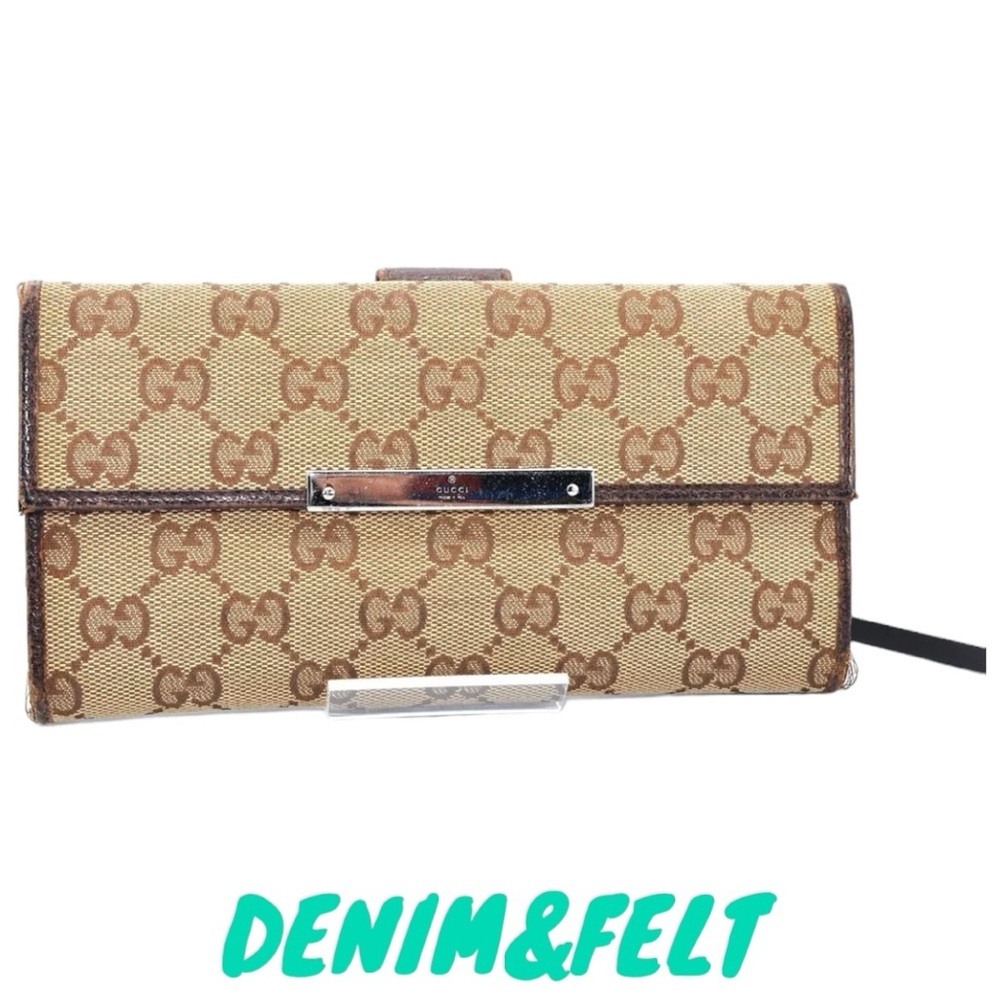Gucci GG Monogram Canvas Long Wallet Brown Leather Trim Vintage Logo Bar - Picture 2 of 11